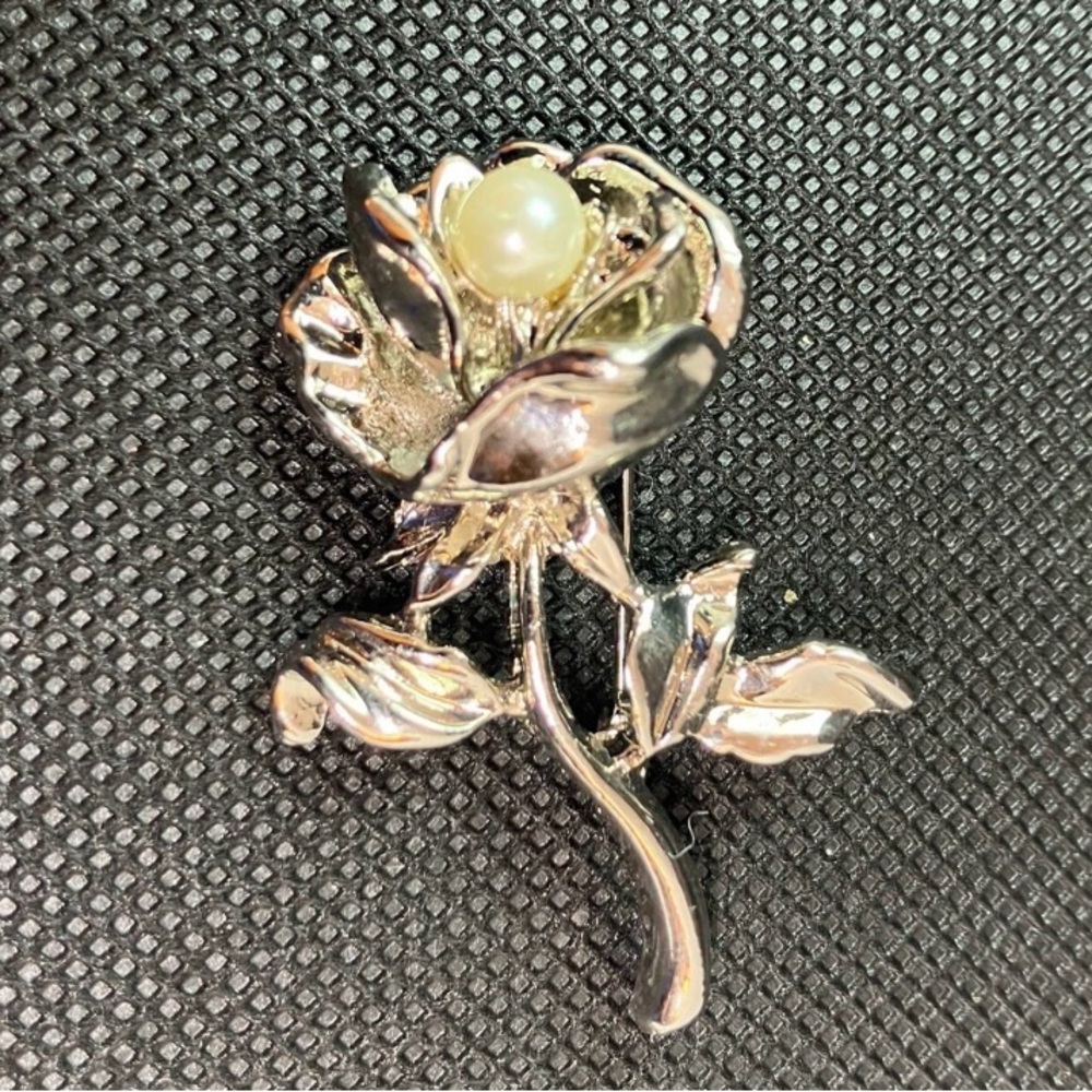 Silver- Tone Faux Pearl Rose Flower Brooch - Women's Jewelry